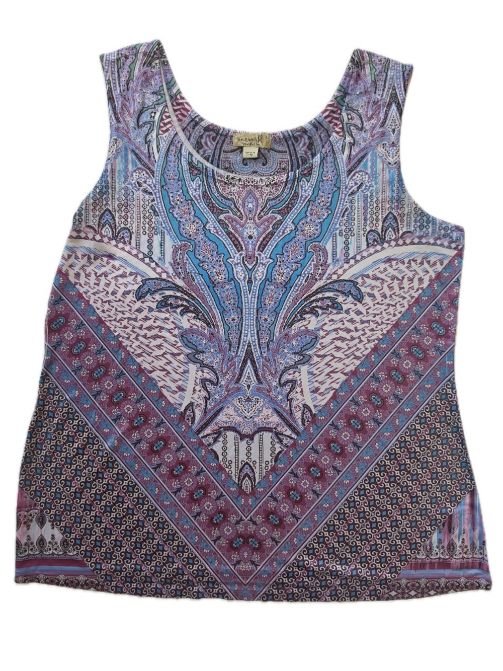 One World Tank Womens L Purple Paisley Scoop Neck Lined Stretch Sleeveless